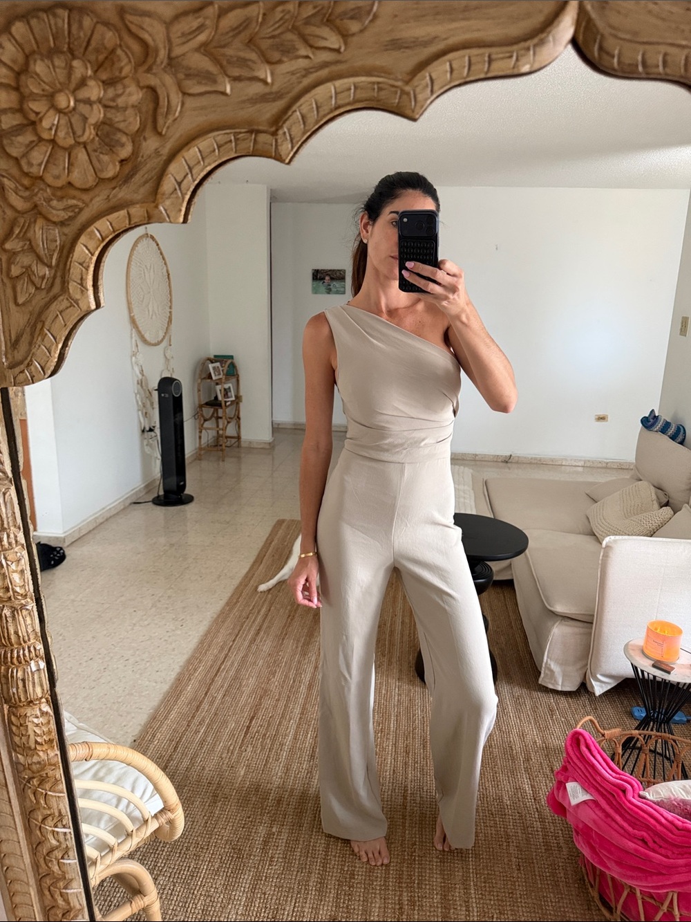 Mango One-Shoulder Beige Jumpsuit